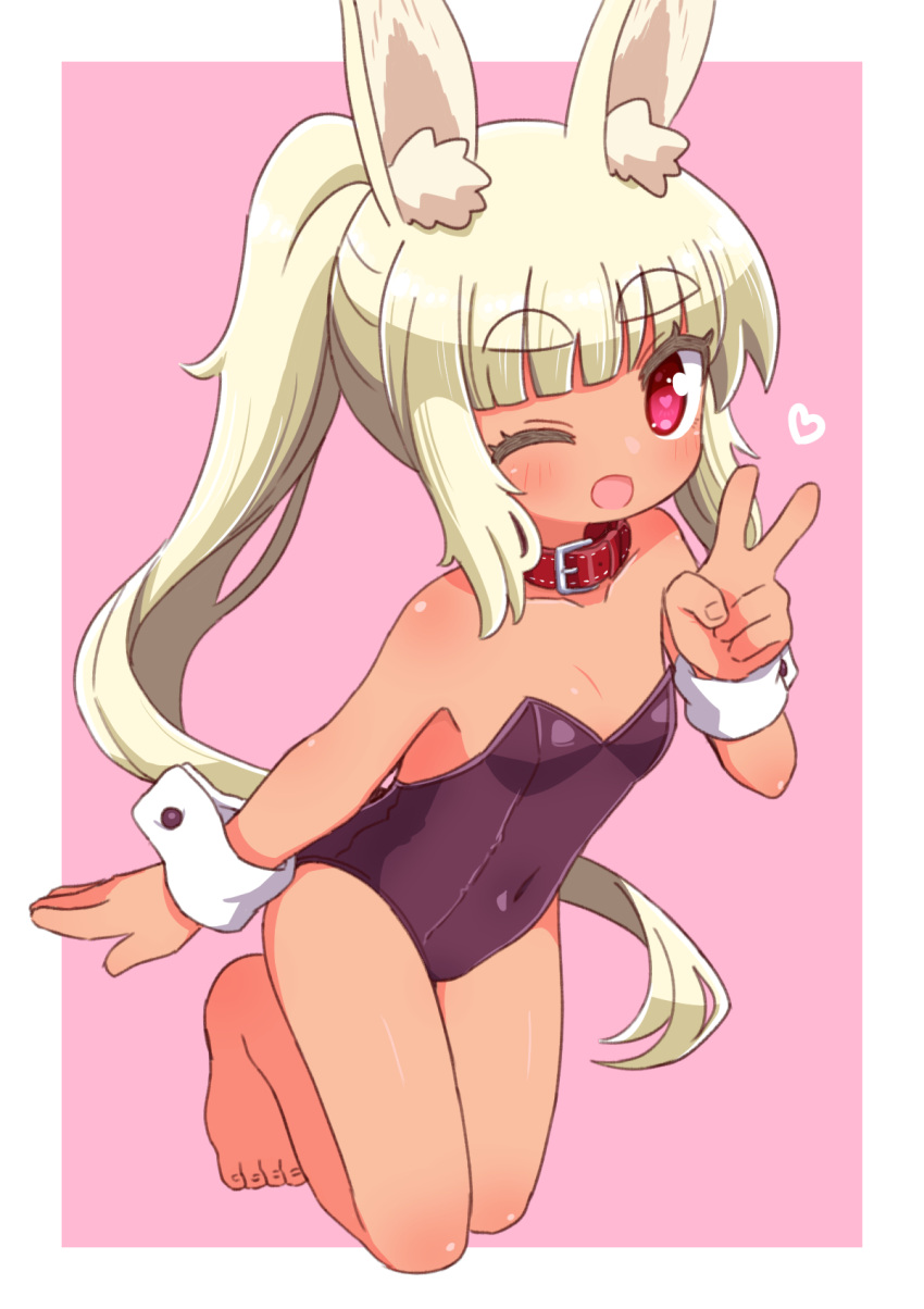 1girl, ;d, animal_ear_fluff, animal_ears, bangs, bare_legs, bare_shoulders, barefoot