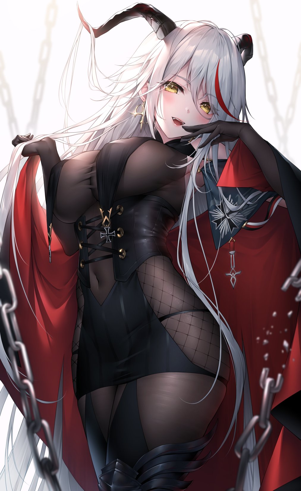 1girl, absurdly_long_hair, aegir_(azur_lane), azur_lane, black_cape, black_gloves, black_skirt, bodystocking