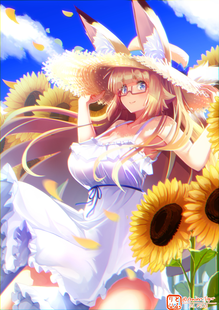 1girl, amino_dopple, animal_ears, blonde_hair, blue_sky, closed_mouth, cowboy_shot, dated