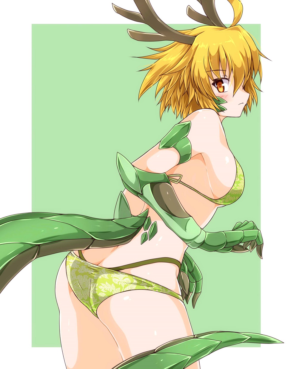 1girl, ass, bangs, bikini, blonde_hair, border, breasts, claws