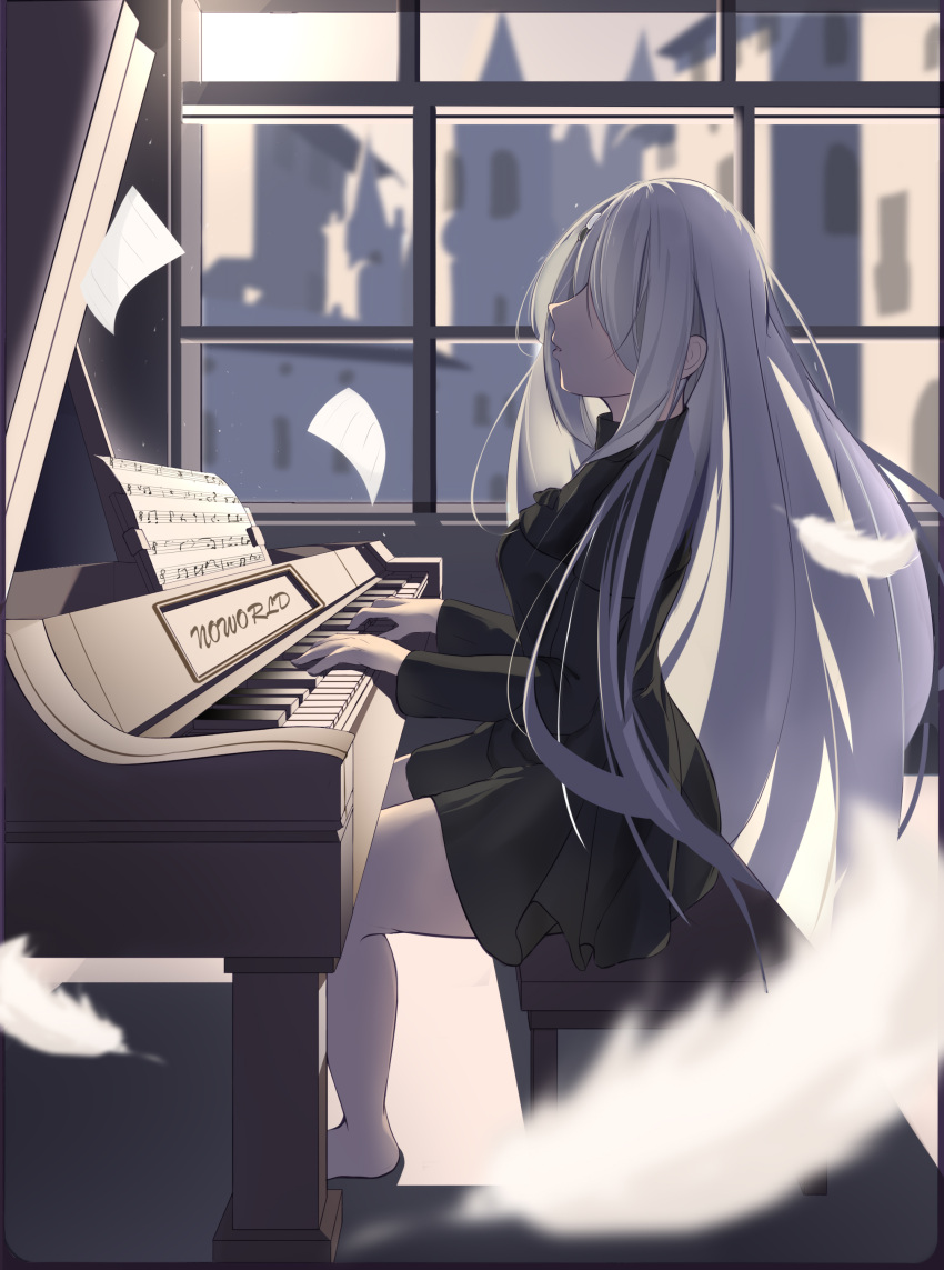 1girl, absurdres, hair_ornament, hair_over_one_eye, highres, instrument, long_hair, noir_(noworld)