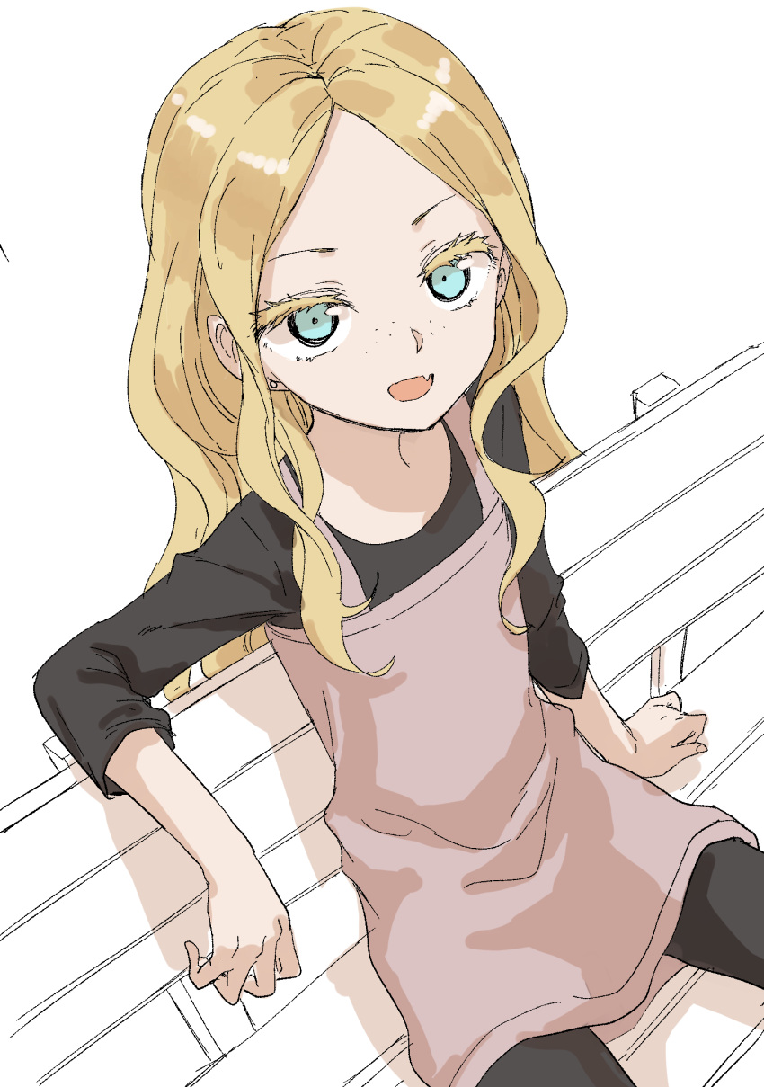 1girl, :d, black_legwear, black_shirt, blonde_hair, blue_eyes, brown_dress, colored_eyelashes, commentary_request, dress, fang, freckles, futari_escape, highres, long_hair, long_sleeves, looking_at_viewer, on_bench, open_mouth, pantyhose, senpai_(futari_escape), shirt, simple_background, sitting, sleeveless, sleeveless_dress, smile, solo, white_background, yamamoto_souichirou