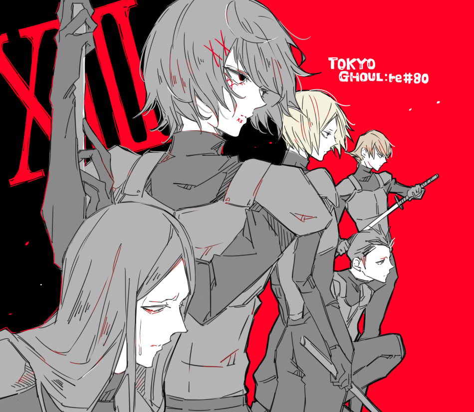 5boys, abara_hanbee, armor, awara_kayu, bangs, black_background, blonde_hair, brown_hair