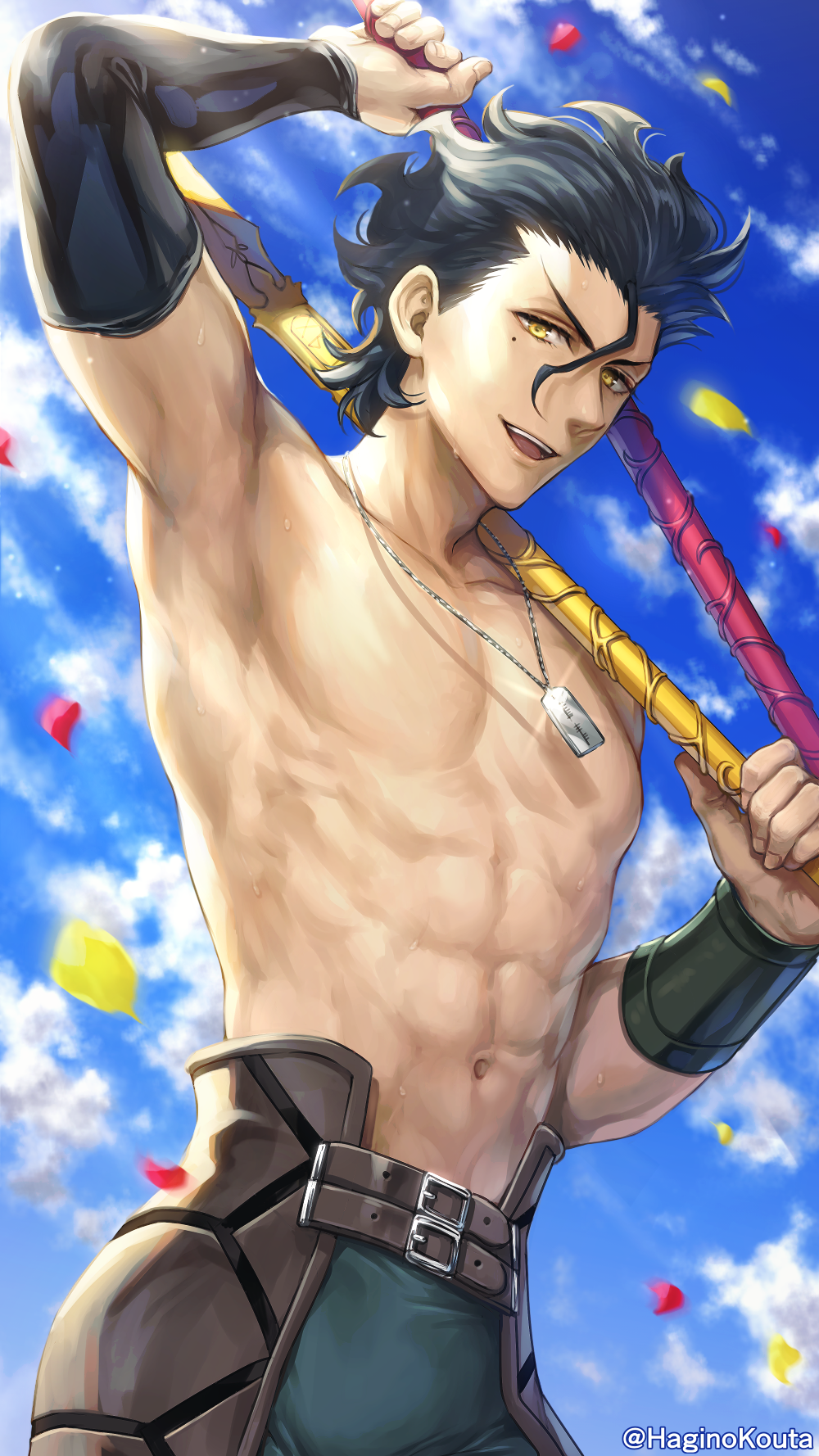 1boy, :d, arm_up, black_hair, blue_sky, brown_eyes, clouds, collarbone