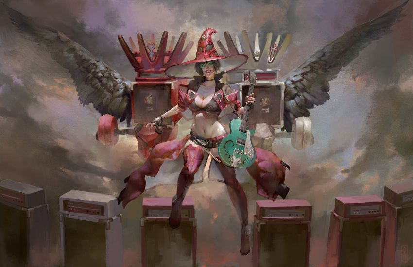 amplifier_(instrument), black_hair, boots, christian_angel, electric_guitar, guilty_gear, guilty_gear_strive, guitar