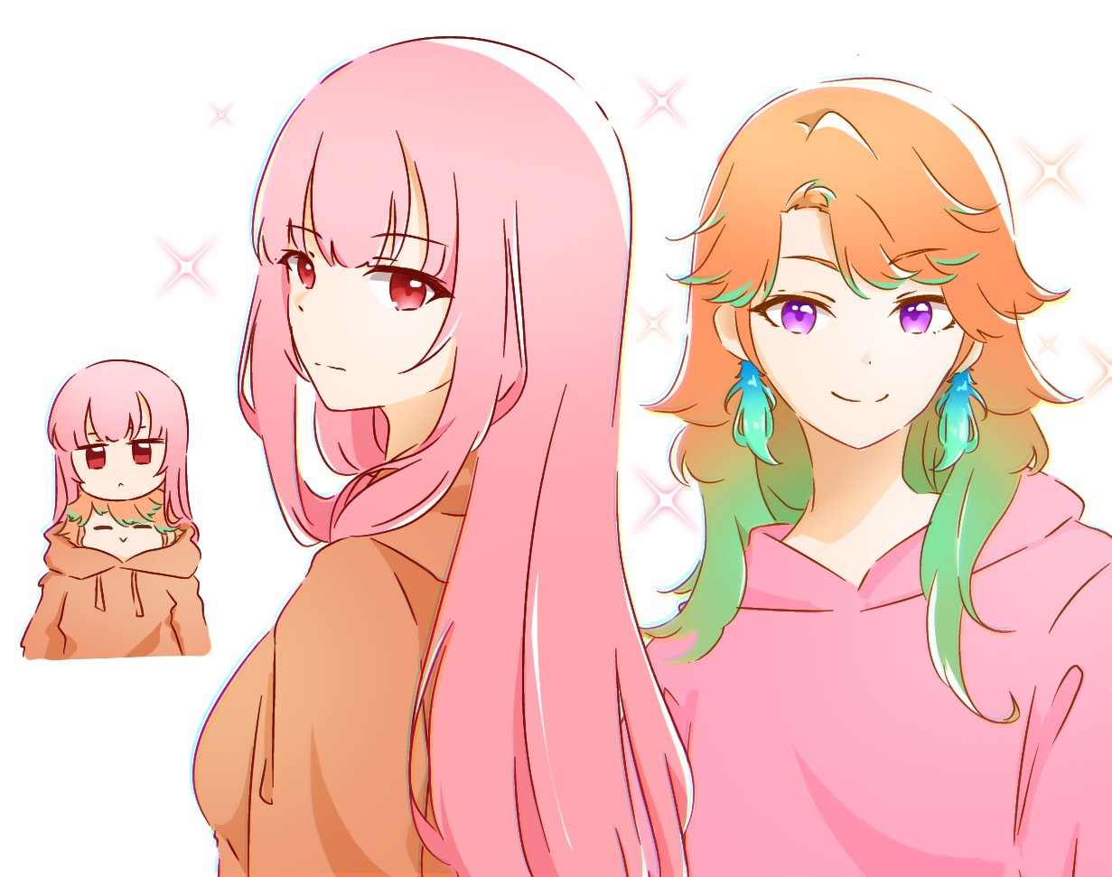2girls, alternate_costume, bangs, blunt_bangs, drawstring, earrings, eyebrows_visible_through_hair, feather_earrings, feathers, gradient_hair, hololive, hololive_english, hood, hood_down, hoodie, hyurisaki, jewelry, long_hair, looking_at_viewer, mori_calliope, multicolored_hair, multiple_girls, orange_hair, red_eyes, sweatshirt, takanashi_kiara, violet_eyes, virtual_youtuber, yuri