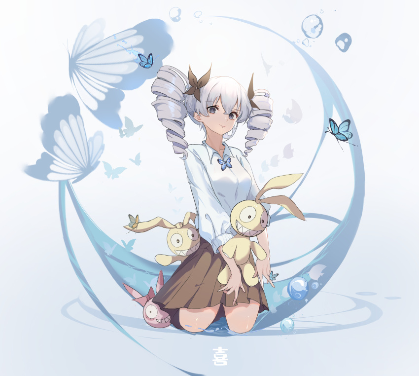 1girl, absurdres, bangs, black_legwear, blue_butterfly, bronya_zaychik, brown_skirt, bug, butterfly, closed_mouth, doll, drill_hair, full_body, grey_eyes, grey_hair, hair_between_eyes, hair_ribbon, highres, homei_(honkai_impact), homu_(honkai_impact), honkai_(series), honkai_impact_3rd, insect, kneehighs, long_sleeves, looking_at_viewer, polo_shirt, ribbon, school_uniform, shirt, sitting, sitting_on_person, skirt, smile, solo, sooner, twin_drills, white_shirt