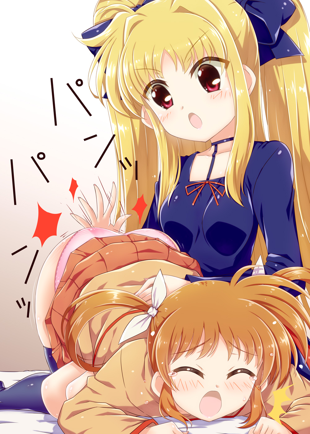2girls, ass, blonde_hair, blush, breasts, brown_hair, closed_eyes, collarbone