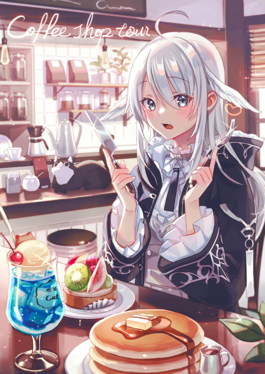 1girl, ahoge, apple, apple_bunny, apple_slice, black_cat, black_jacket, black_neckwear
