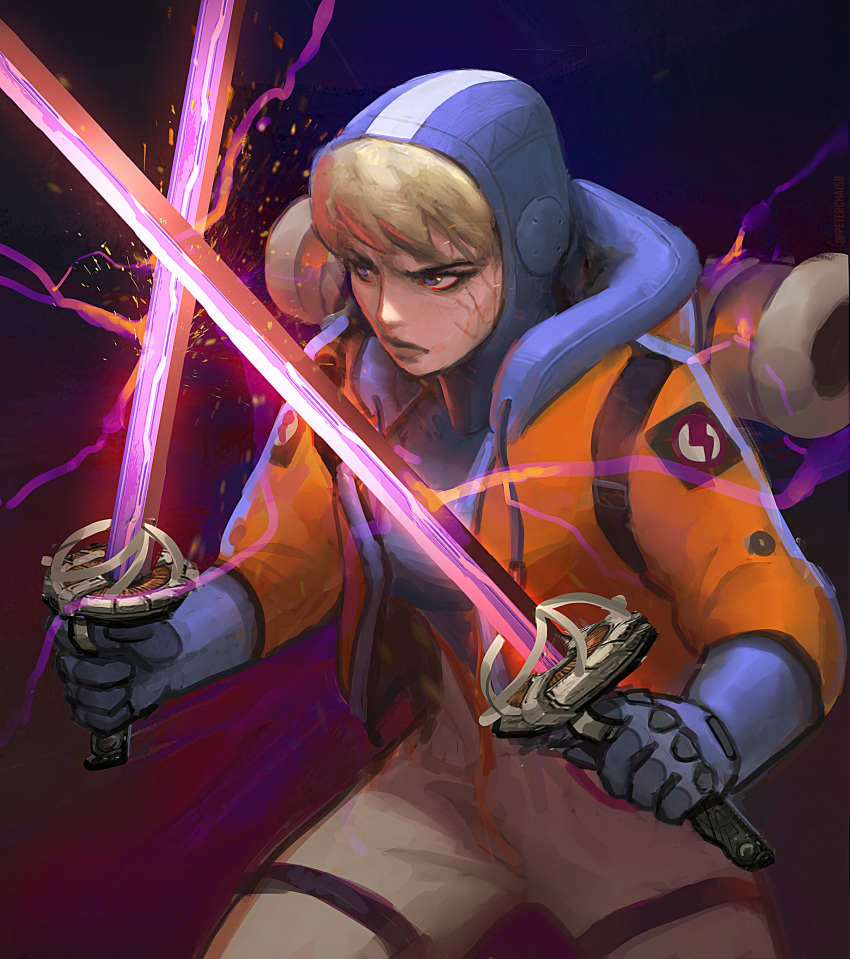 1girl, absurdres, apex_legends, bangs, blonde_hair, blue_bodysuit, blue_gloves, bodysuit