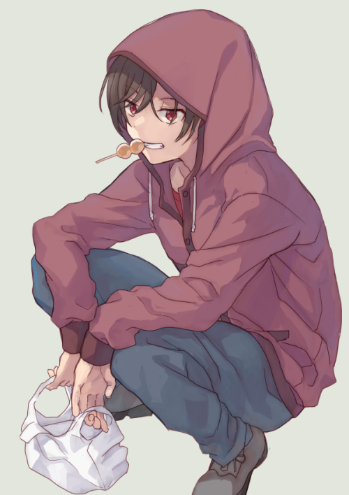 1girl, bag, black_pants, brown_hair, brown_jacket, charlotte_(anime), commentary_request, eating