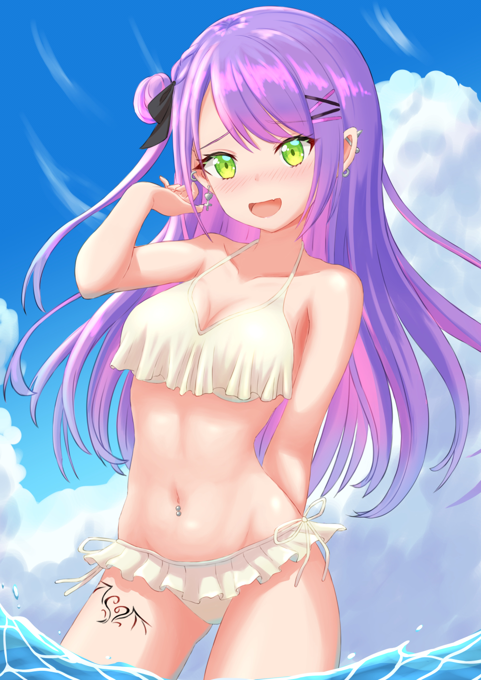 1girl, :d, bangs, bikini, black_ribbon, blusemba, braid, colored_inner_hair, ear_piercing, earrings, fang, french_braid, frilled_bikini, frills, green_eyes, hair_ribbon, highres, hololive, industrial_piercing, jewelry, long_hair, looking_at_viewer, multicolored_hair, navel_piercing, nushiya_(ayihsem), one_side_up, open_mouth, piercing, pink_hair, pointy_ears, purple_hair, ribbon, side-tie_bikini, side_bun, simple_background, skin_fang, smile, solo, streaked_hair, swept_bangs, swimsuit, tokoyami_towa, virtual_youtuber, white_background
