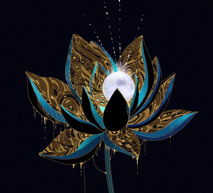 black_background, commentary_request, eye_focus, flower, glowing, gold, highres, houseki_no_kuni, ko_ryou, liquid_metal, lotus, no_humans, phosphophyllite_(ll)