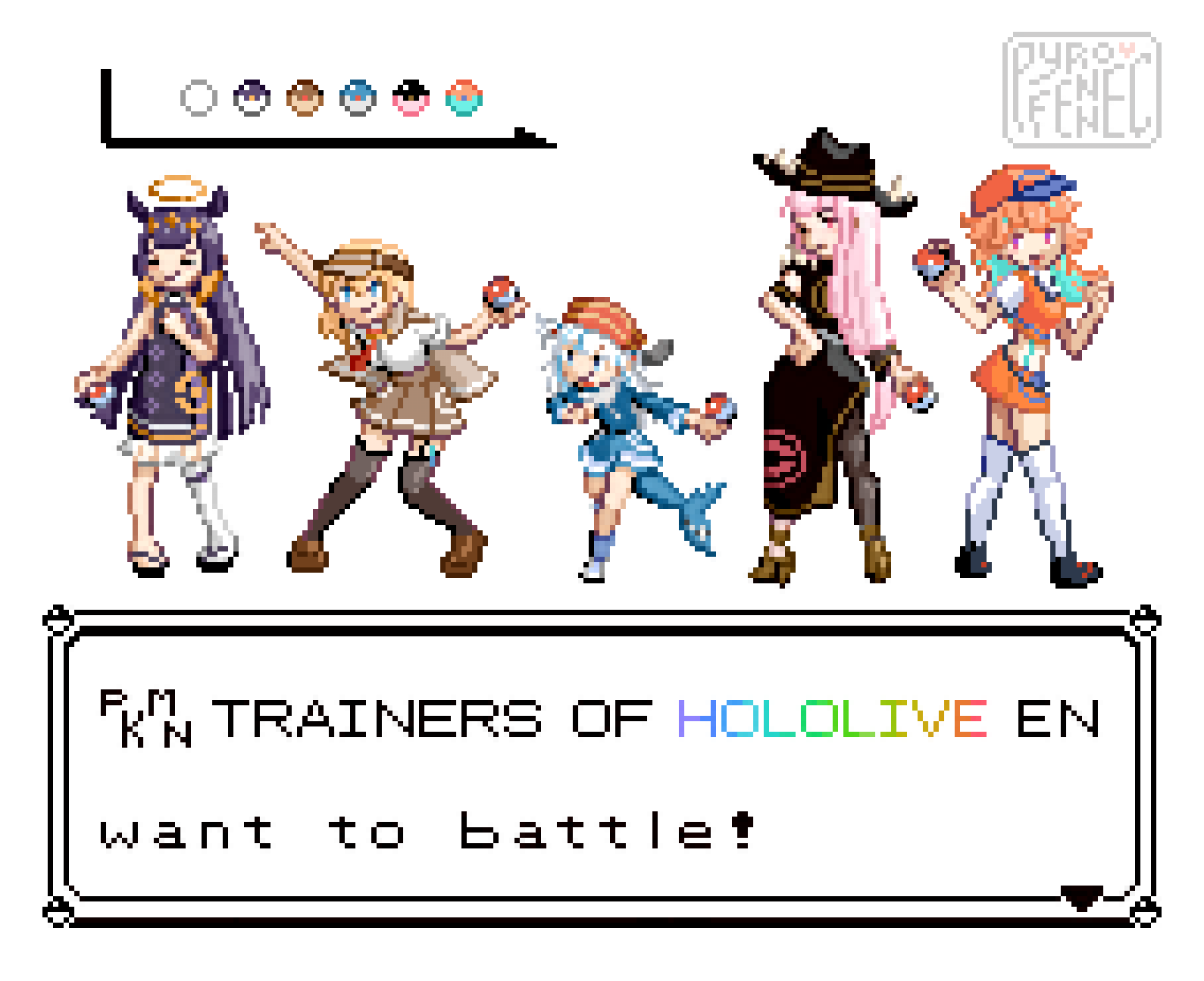 5girls, aki_lin, beige_skirt, black_legwear, blonde_hair, blue_dress, boots, cowboy_boots, cowboy_hat, detective, dress, fish_tail, gawr_gura, halo, hat, hololive, hololive_english, holomyth, long_hair, mori_calliope, multiple_girls, necktie, ninomae_ina'nis, orange_hair, orange_shirt, orange_skirt, pink_hair, pixel_art, poke_ball, pokemon, purple_hair, sandals, shark_tail, shirt, shoes, short_hair, short_sleeves, skirt, sleeveless, strapless, strapless_dress, tail, takanashi_kiara, tentacle_hair, thigh-highs, tube_dress, visor_cap, watson_amelia, white_hair, white_legwear