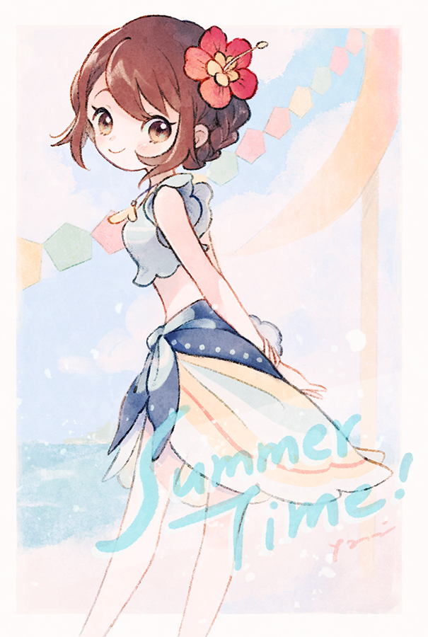 1girl, arms_behind_back, bangs, blue_shirt, blush, bob_cut, border, brown_eyes