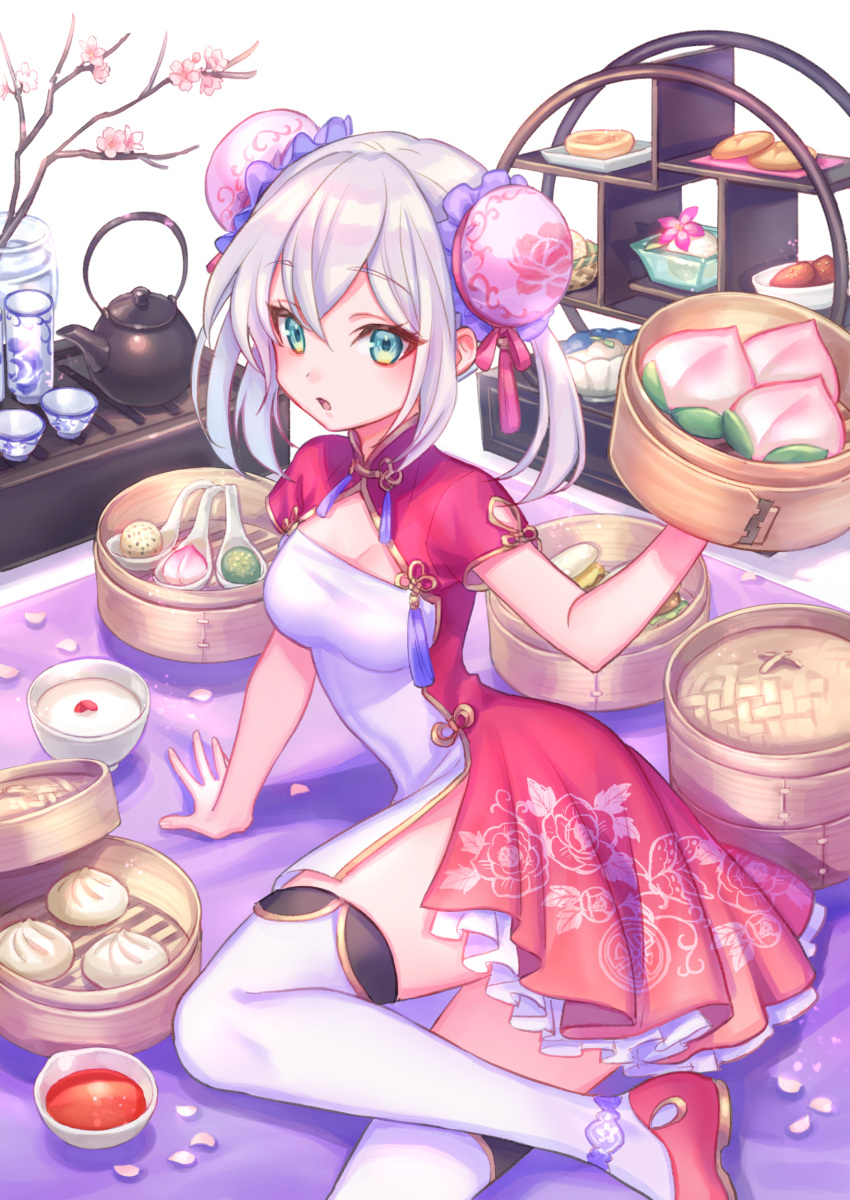1girl, absurdres, arm_support, bamboo_steamer, baozi, breasts, bun_cover, cherry_blossoms