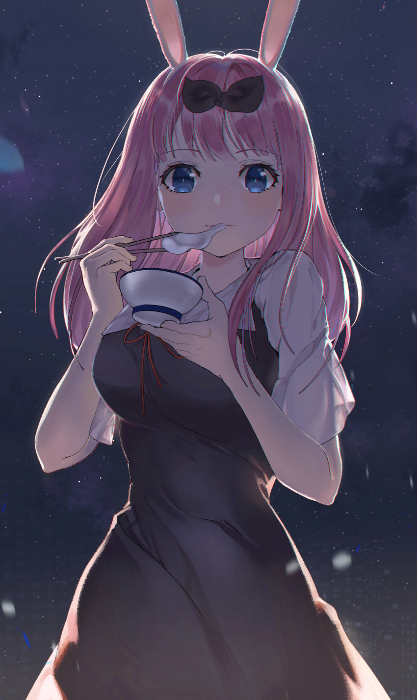 1girl, absurdres, animal_ears, bangs, black_bow, black_dress, blue_eyes, bow, bowl, chopsticks, closed_mouth, commentary_request, cowboy_shot, dress, eating, food_in_mouth, fujiwara_chika, hair_bow, hands_up, highres, holding, holding_bowl, holding_chopsticks, kaguya-sama_wa_kokurasetai_~tensai-tachi_no_renai_zunousen~, kashiwa_tachibana, long_hair, looking_at_viewer, mochi, neck_ribbon, night, night_sky, pinafore_dress, pink_hair, rabbit_ears, red_neckwear, ribbon, school_uniform, shirt, short_sleeves, sky, solo, white_shirt
