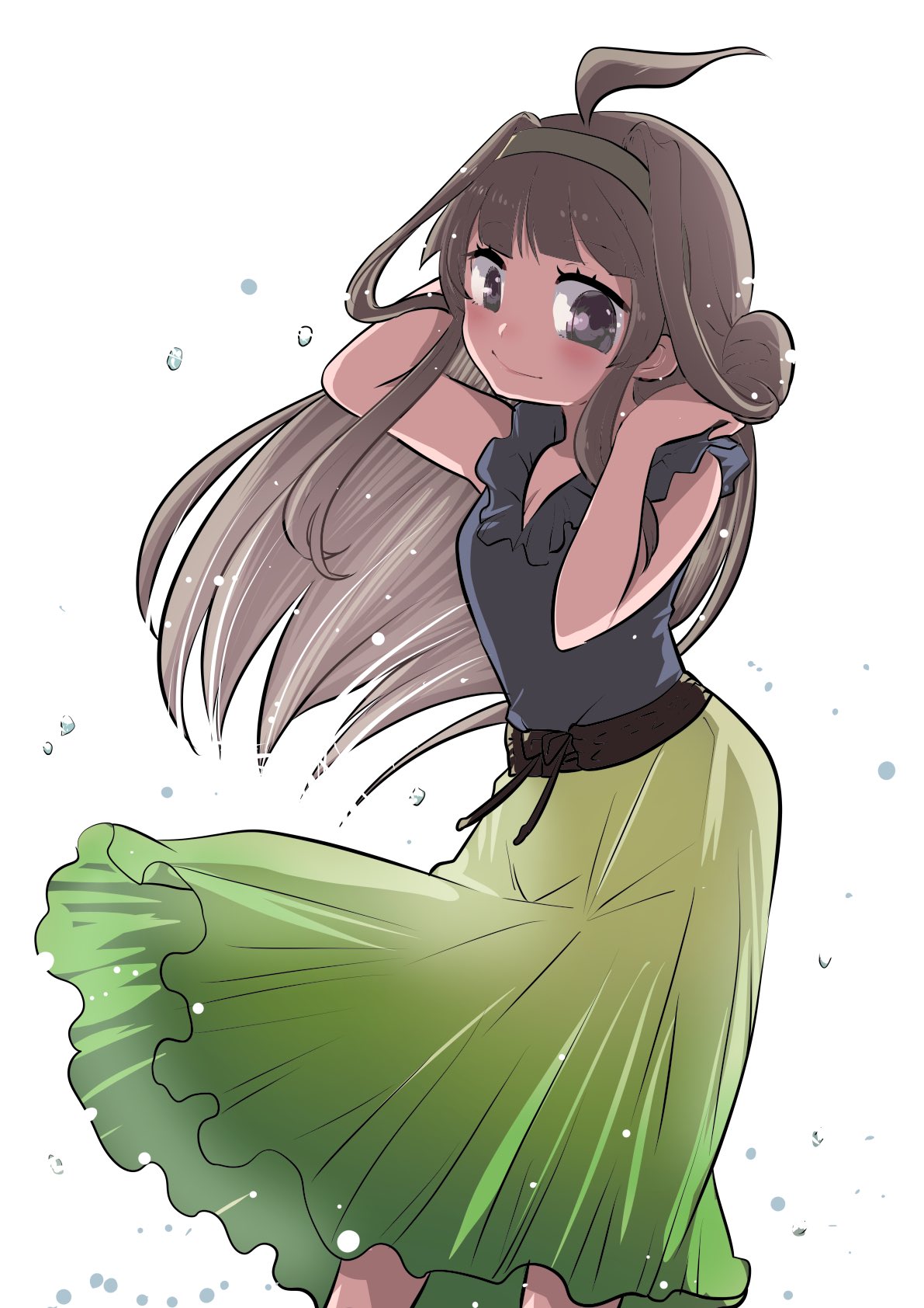 1girl, ahoge, alternate_costume, black_blouse, black_hairband, blouse, brown_hair, commentary_request