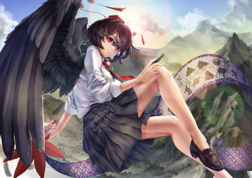 1girl, asllapistone, bird_wings, black_hair, black_legwear, black_ribbon, black_skirt, black_wings, brown_footwear, clock, collared_shirt, day, flying, fountain_pen, frilled_skirt, frills, hat, hauchiwa, highres, kneehighs, landscape, mallet, mountain, necktie, outdoors, paper, parabolic_antenna, pen, pillar, pocket_watch, pointy_ears, railroad_crossing_ahead_sign, red_eyes, red_neckwear, ribbon, saturn_(planet), shameimaru_aya, shirt, shoes, short_hair, skirt, snake, solo, sun, tokin_hat, touhou, tree, triangle, village, watch, white_shirt, wings