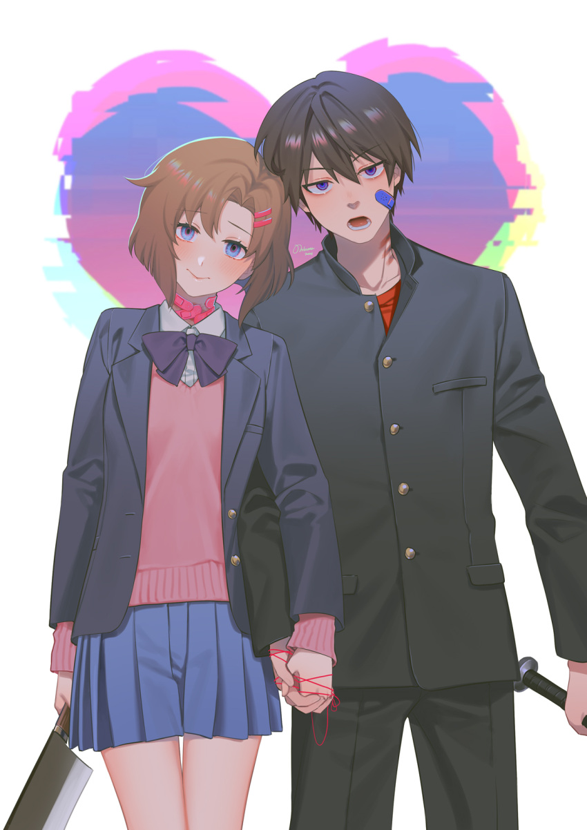 1boy, 1girl, bandaid, bangs, baseball_bat, black_hair, black_jacket, black_pants