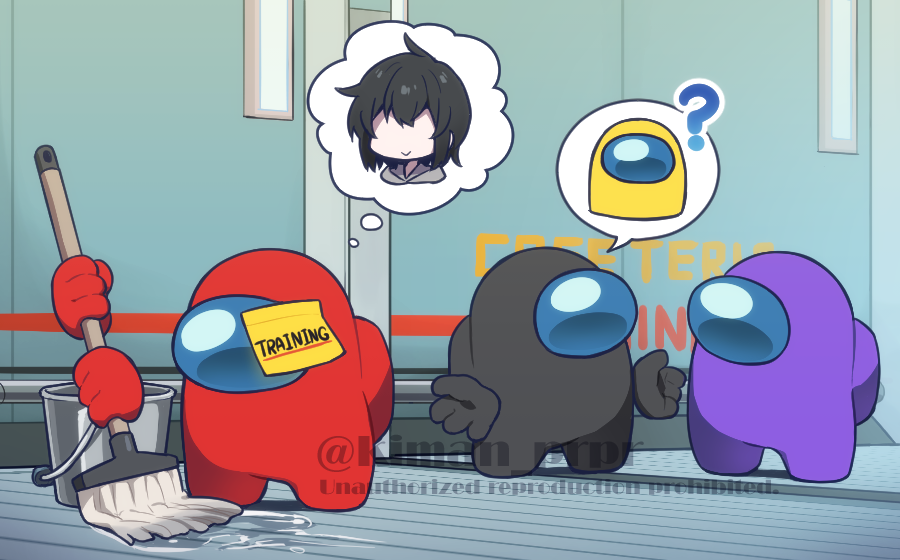 ?, ambiguous_gender, among_us, bangs, black_(among_us), black_hair, bucket, cleaning