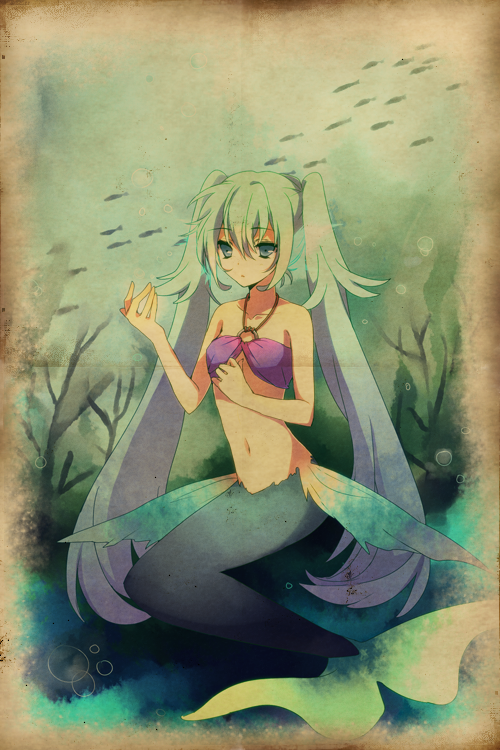 green_hair, hatsune_miku, long_hair, mermaid, monster_girl, ponjiritsu, rittu, source_request