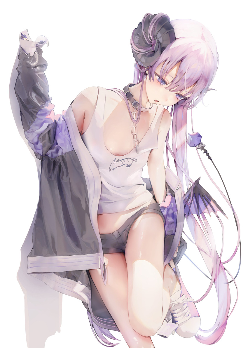 1girl, absurdres, arm_up, bangs, bare_shoulders, black_choker, black_shorts, blush