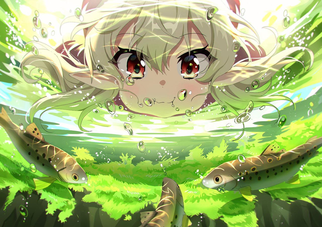 1girl, bangs, bob_(bab67ii), cabbie_hat, eyebrows_visible_through_hair, fish, genshin_impact, hair_between_eyes, hat, holding_breath, in_water, klee_(genshin_impact), light_smile, long_hair, looking_at_viewer, low_twintails, orange_eyes, partially_submerged, pointy_ears, pout, sidelocks, solo, twintails
