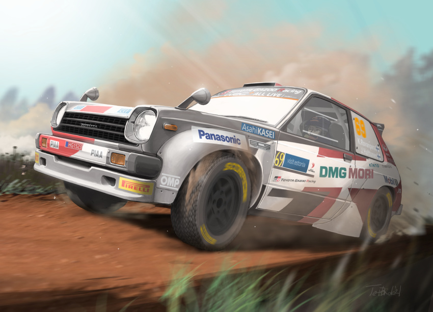 1boy, car, dirt, driving, grass, ground_vehicle, jettoburikku, motion_blur, motor_vehicle, original, racecar, rally_car, solo, toyota, vehicle_focus