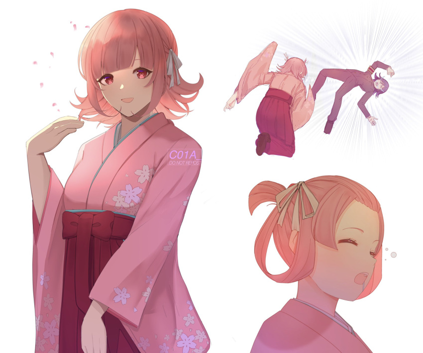 1boy, 1girl, :d, alternate_hairstyle, artist_name, bangs, bow, breasts, brown_hair, c01a_(cola), closed_eyes, commentary, cosplay, dangan_ronpa_(series), dangan_ronpa_2:_goodbye_despair, dangan_ronpa_v3:_killing_harmony, emphasis_lines, english_commentary, flipped_hair, floral_print, from_behind, gyakuten_saiban, hair_ribbon, hakama, highres, japanese_clothes, kimono, long_sleeves, looking_at_viewer, medium_breasts, medium_hair, mikotoba_susato, mikotoba_susato_(cosplay), multiple_views, nanami_chiaki, no_hair_ornament, open_mouth, ouma_kokichi, pants, pink_kimono, red_bow, ribbon, short_hair, simple_background, smile, standing, watermark, white_background, white_ribbon, wide_sleeves