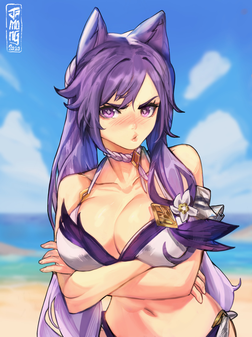 1girl, bangs, bikini, blush, choker, collarbone, crossed_arms, flower