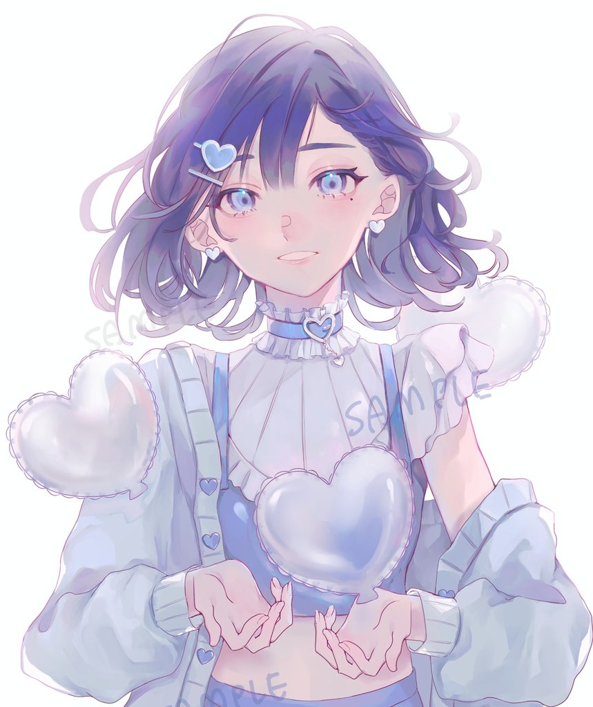 1girl, aiba_uiha, balloon, blue_cardigan, blue_choker, blue_eyes, blue_hair, cardigan