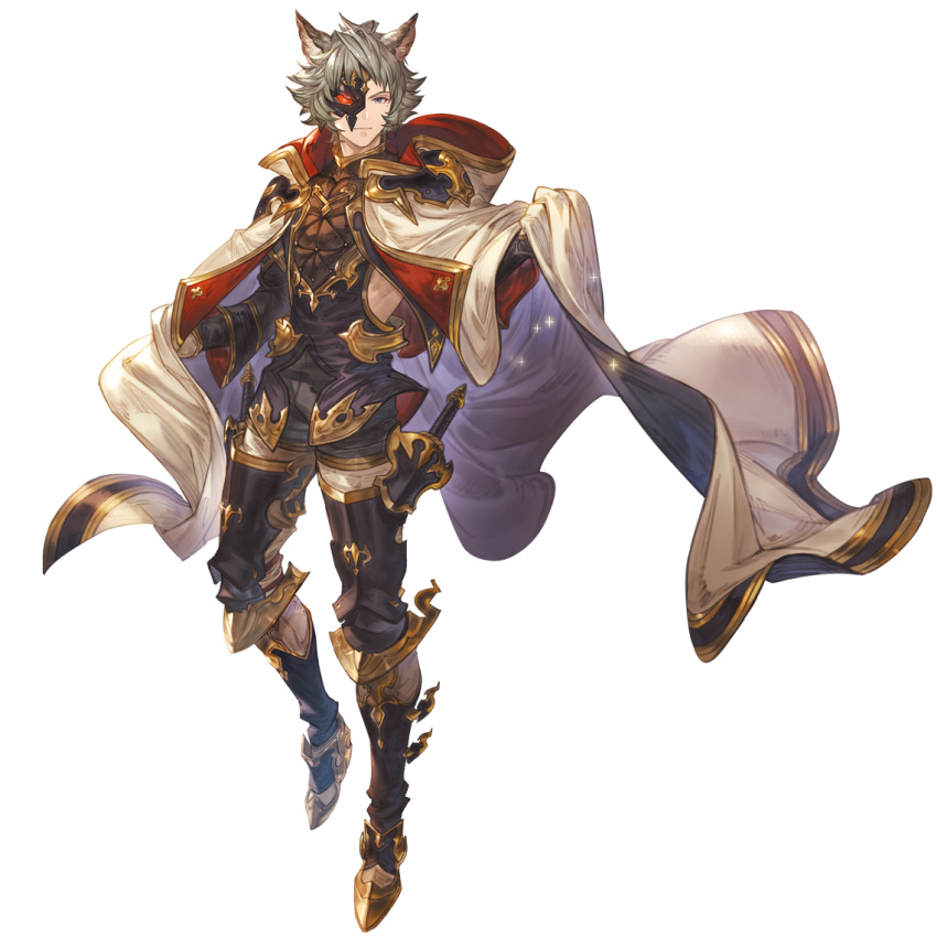 1boy, animal_ears, black_pants, blue_eyes, cape, erune, full_body, gloves