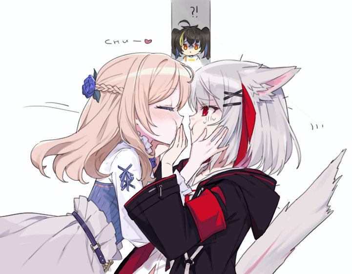 !?, 1boy, 2girls, animal_ears, belt, black_belt, black_hoodie, blonde_hair