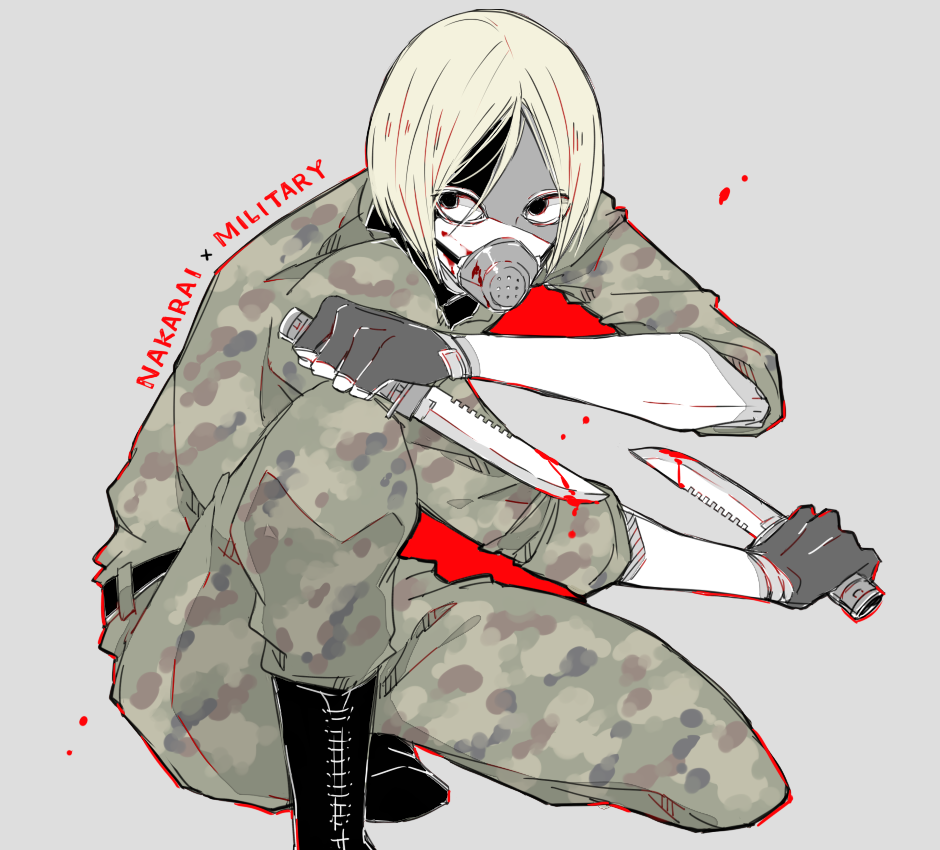 1boy, awara_kayu, bangs, black_eyes, black_footwear, blonde_hair, blood, blood_on_weapon