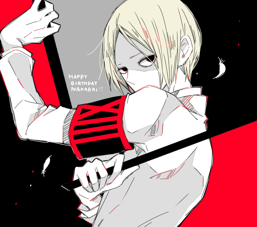 1boy, arm_up, awara_kayu, bangs, black_armband, black_background, black_eyes, blonde_hair