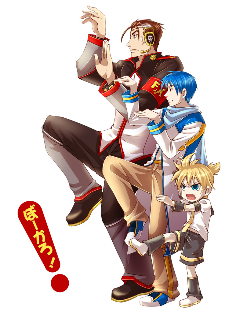 3boys, aqua_eyes, big_al, blonde_hair, blue_hair, brown_hair, headphones, headset