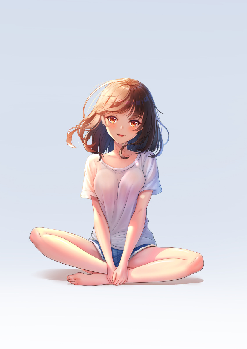 1girl, bangs, bare_legs, barefoot, blue_shorts, blush, breasts, brown_hair, charlotte_(a623024828), collarbone, eyebrows_visible_through_hair, full_body, grey_background, highres, indian_style, looking_at_viewer, medium_breasts, medium_hair, original, parted_lips, red_eyes, shirt, short_shorts, short_sleeves, shorts, simple_background, sitting, smile, solo, v_arms, white_shirt