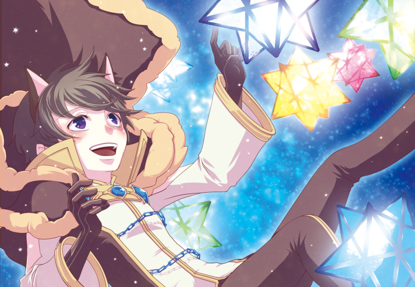 1boy, animal_ears, bangs, black_coat, black_gloves, black_pants, brown_cape, brown_hair, cape, cat_ears, chain, coat, commentary_request, cover, cover_page, doujin_cover, feet_out_of_frame, fur-trimmed_cape, fur_trim, gloves, looking_afar, male_focus, mit_(necomit), official_alternate_costume, open_mouth, pants, ragfes, ragnarok_online, short_hair, smile, solo, stellated_octahedron, two-tone_coat, violet_eyes, warlock_(ragnarok_online), white_coat