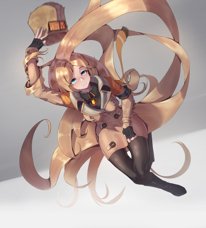 1girl, absurdres, beige_coat, black_legwear, blonde_hair, blue_eyes, coat, filin
