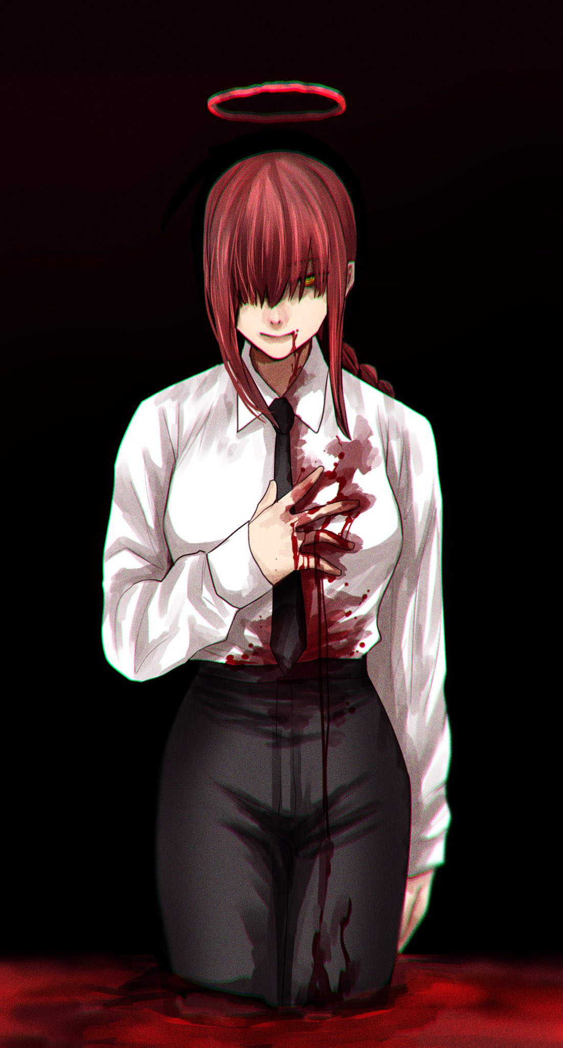 1girl, bangs, black_background, black_neckwear, black_pants, blood, blood_on_clothes, blood_on_face