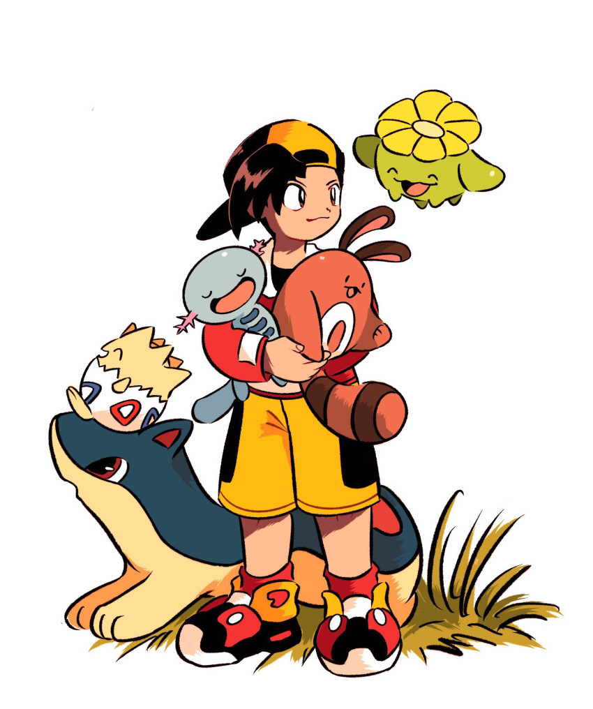 1boy, backwards_hat, baseball_cap, brown_eyes, closed_mouth, commentary_request, ethan_(pokemon), gen_2_pokemon