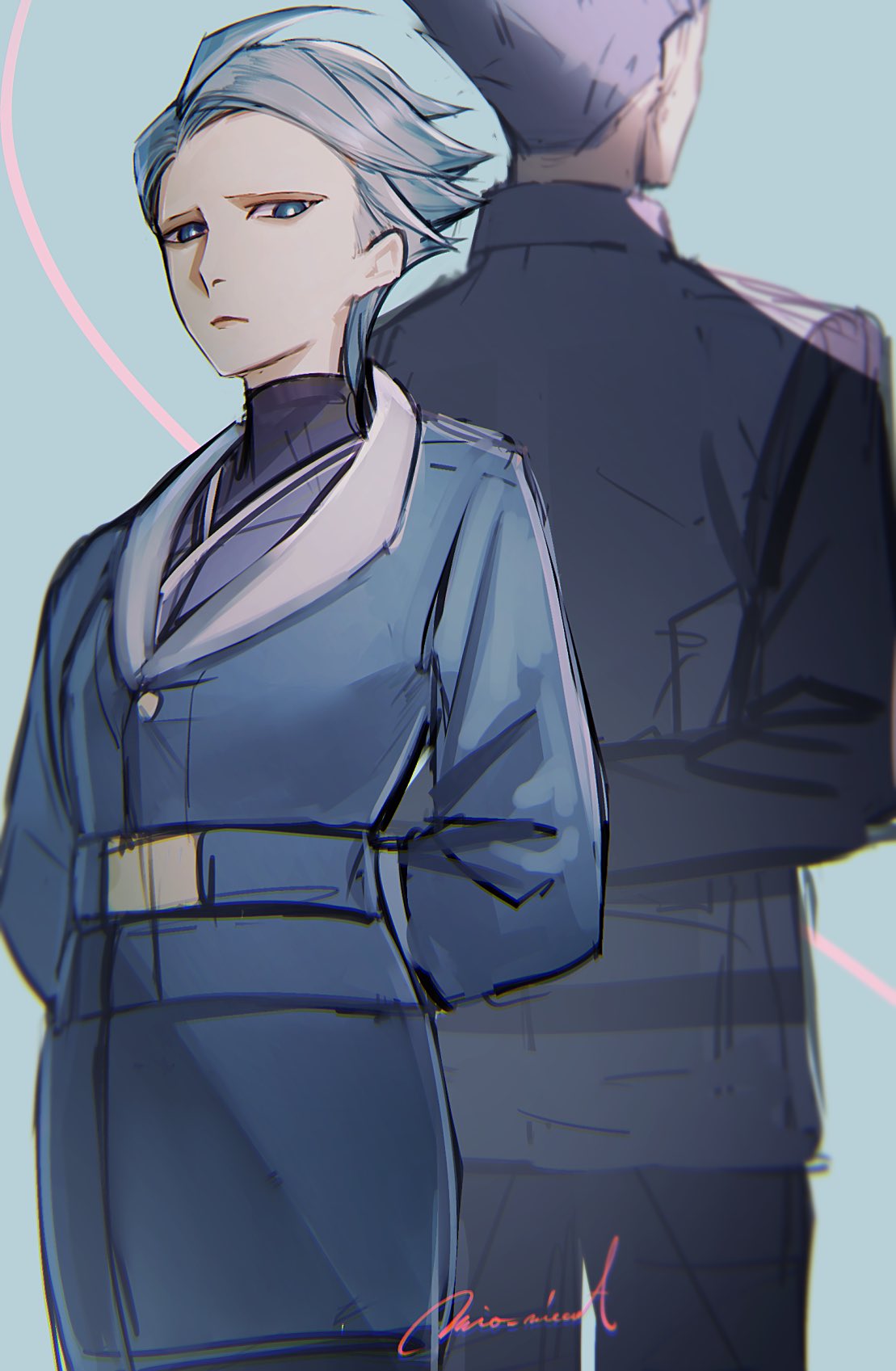 1girl, ahoge, arms_behind_back, back-to-back, belt, blue_hair, bright_pupils, buttons, closed_mouth, coat, commentary_request, cyllene_(pokemon), cyrus_(pokemon), highres, kuroda_matsurika, looking_at_viewer, pokemon, pokemon_(game), pokemon_dppt, pokemon_legends:_arceus, short_hair, signature, white_pupils
