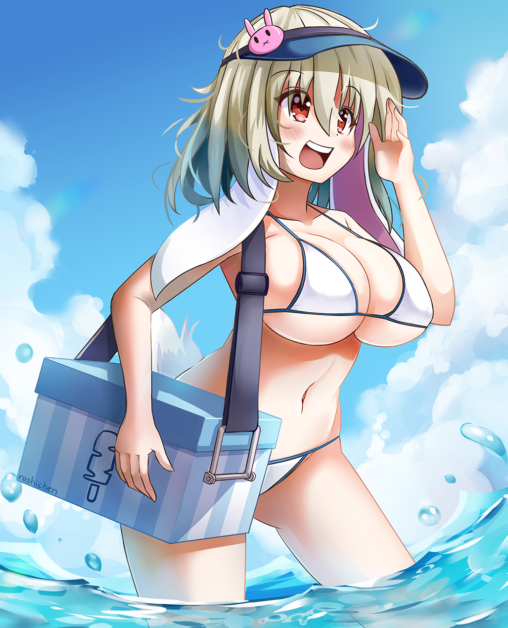 1girl, animal_ears, bikini, blonde_hair, blue_sky, breasts, clouds, day, highres, large_breasts, medium_hair, mixed-language_commentary, navel, original, outdoors, rabbit_ears, rabbit_girl, rabbit_tail, red_eyes, roshi_chen, sky, solo, swimsuit, tail, visor_cap, wading, white_bikini