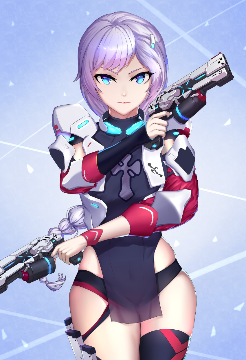 1girl, absurdres, asymmetrical_sleeves, bangs, blue_eyes, braid, braided_ponytail, closed_mouth, dual_wielding, gun, hair_between_eyes, hair_ornament, hairpin, handgun, highres, holding, holding_gun, holding_weapon, honkai_(series), honkai_impact_3rd, kallen_kaslana, kallen_kaslana_(ritual_imayoh), long_hair, looking_at_viewer, mismatched_sleeves, pistol, single_thighhigh, smile, solo, thigh-highs, v-shaped_eyebrows, weapon, white_hair, ying_fa