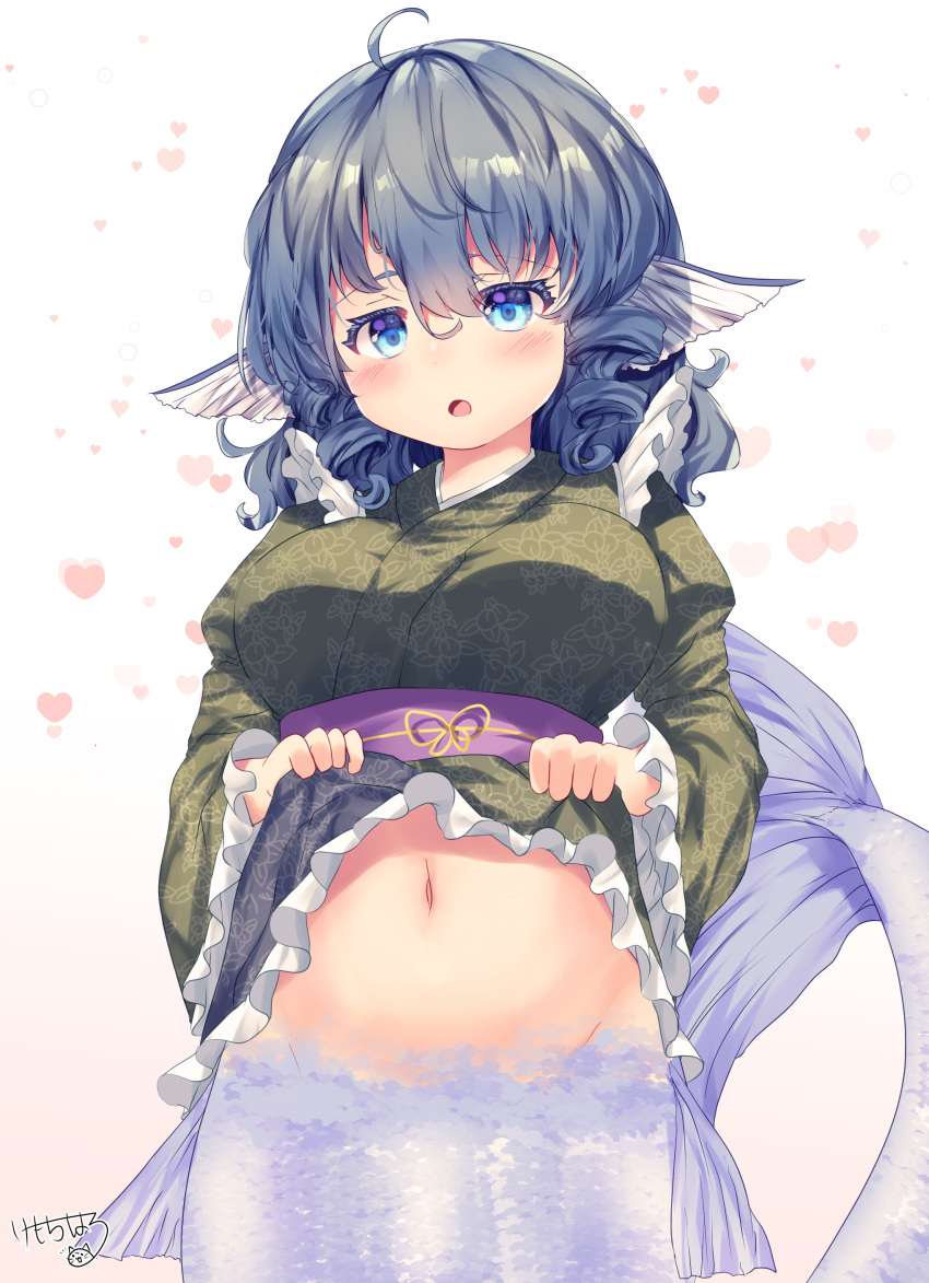 1girl, absurdres, artist_name, blue_eyes, blue_hair, blush, clothes_lift, drill_hair