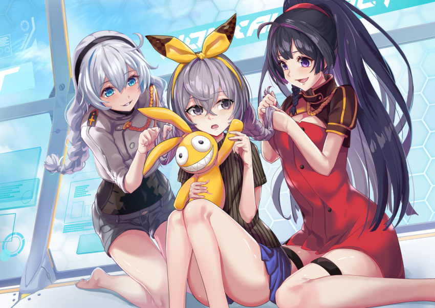 3girls, :d, :o, antenna_hair, bangs, barefoot, black_shirt, blue_eyes