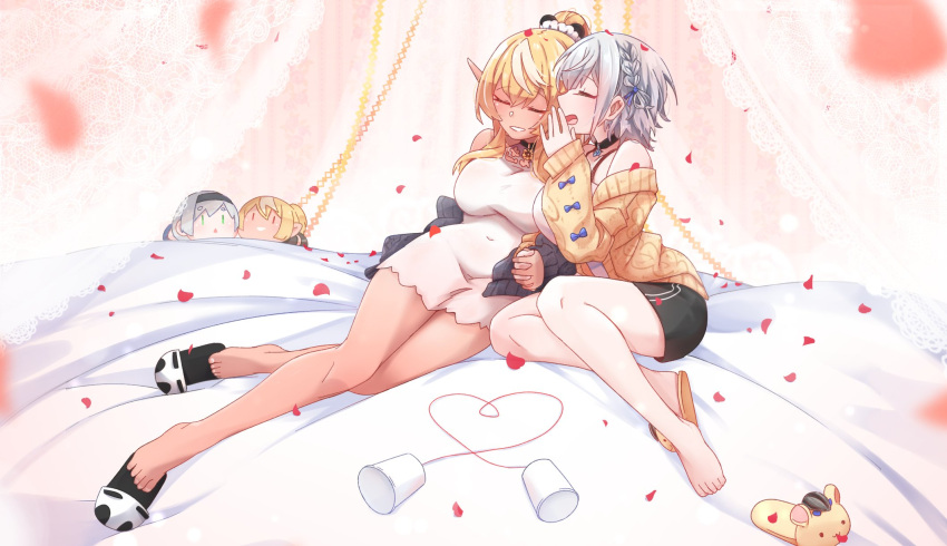 2girls, bare_shoulders, barefoot, blonde_hair, blue_bow, bow, braid, breasts