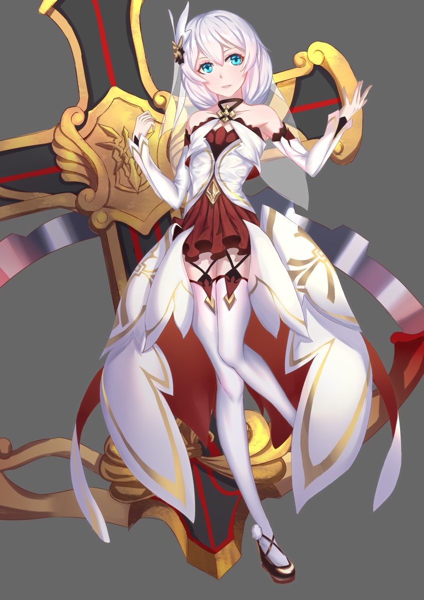 1girl, absurdres, bangs, bare_shoulders, blue_eyes, cross_(weapon), full_body, grey_background, grin, hair_between_eyes, hair_ornament, highres, honkai_(series), honkai_impact_3rd, looking_at_viewer, nun, side_ponytail, simple_background, smile, solo, teeth, theresa_apocalypse, theresa_apocalypse_(celestial_hymn), thigh-highs, white_hair, white_legwear, white_sleeves, ying_fa