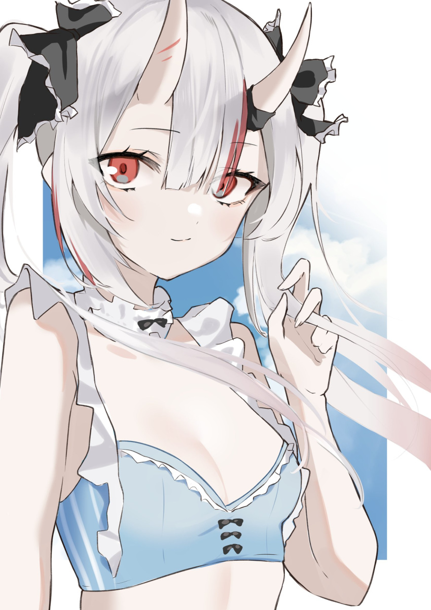 1girl, blue_swimsuit, breasts, commentary_request, detached_collar, highres, hololive, horns